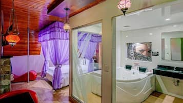 Shower, slippers, towels, soap