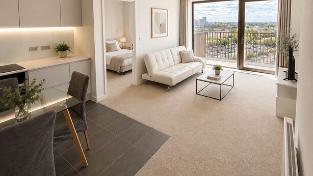 A modern living room with a sofa, coffee table, and dining area. - The Nest!! (Salford)