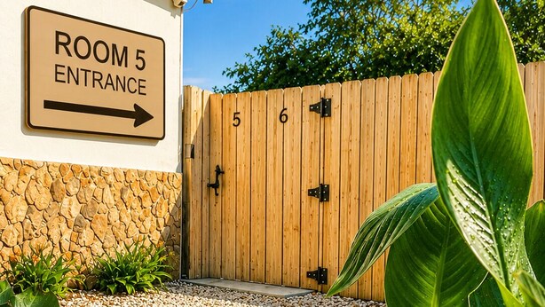 A building entrance with a sign for 'ROOM 5 ENTRANCE' and a wooden gate with numbers 5 and 6.