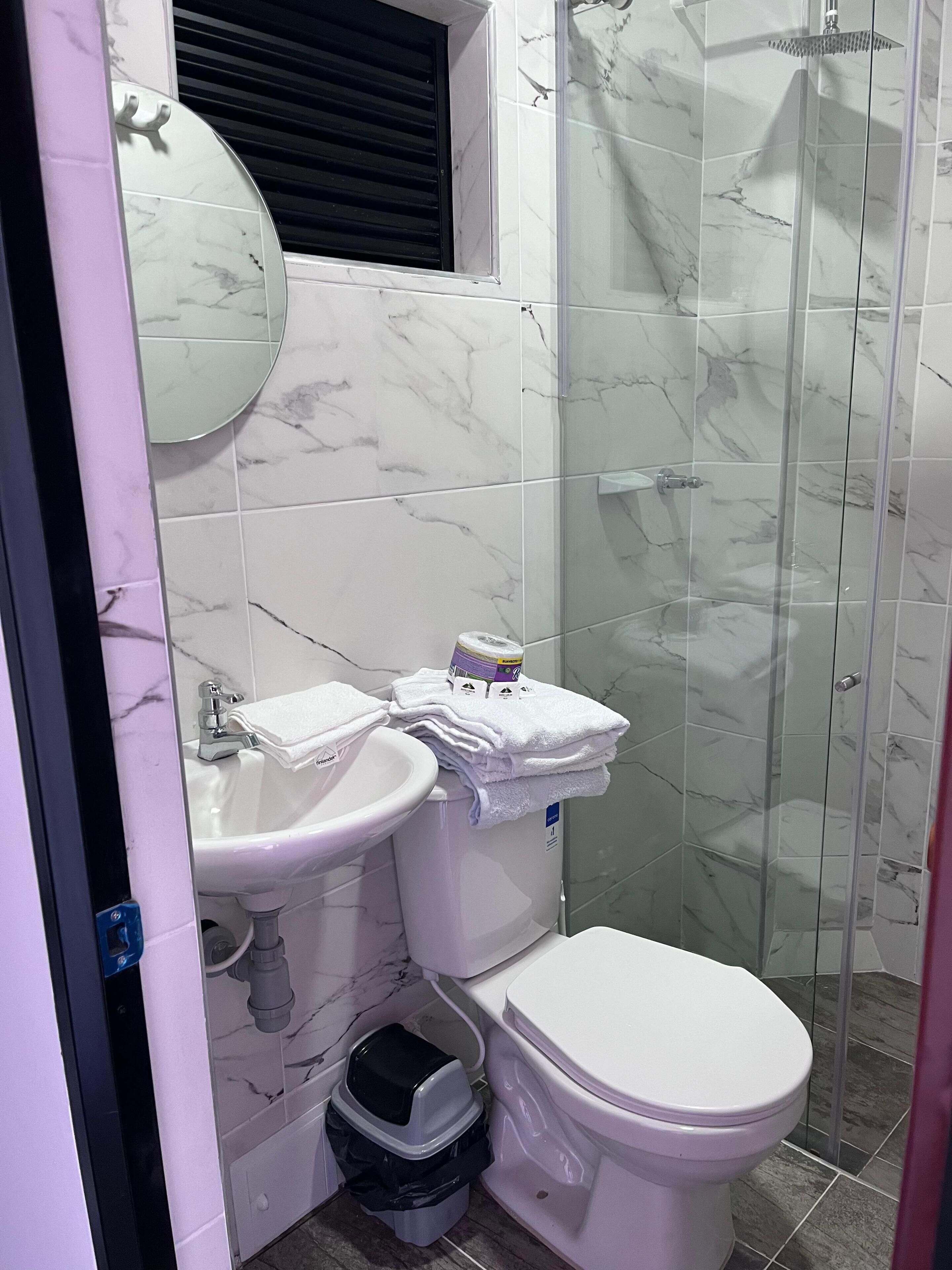 A bathroom with a toilet, bidet, sink, and a glass-enclosed shower area.