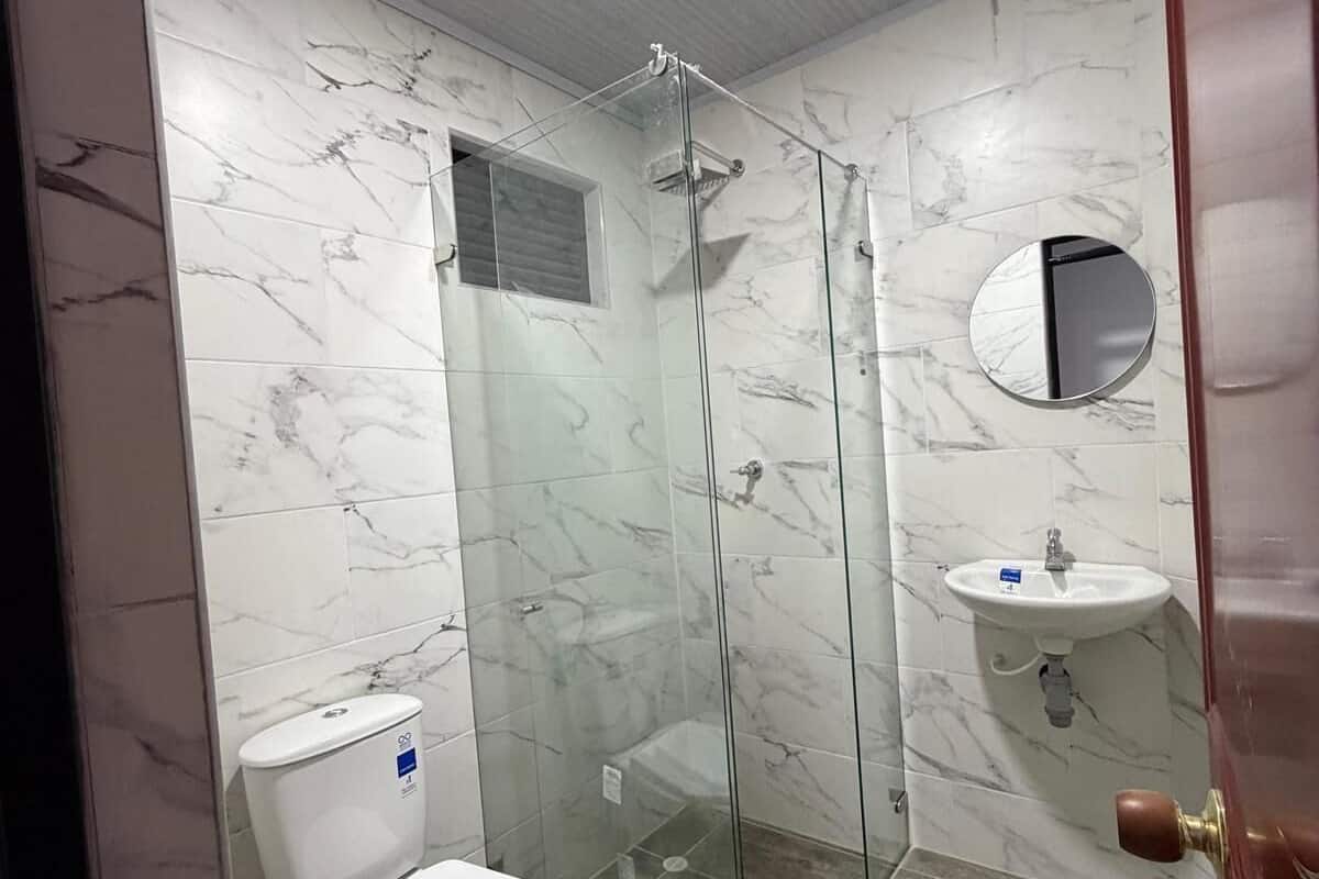 Shower, free toiletries, towels, soap