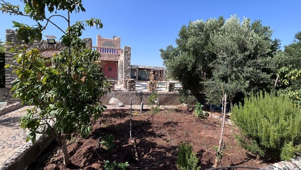 Un giardino con un muro in pietra, un albero e un edificio con una torre.