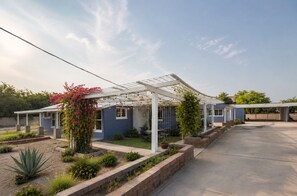 Ein Haus mit überdachter Terrasse, einem Garten mit verschiedenen Pflanzen und blauem Himmel.