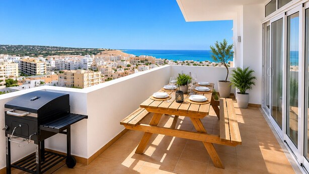 A balcony with a wooden table set for dining, a grill, and potted plants. - Sunny Algarve: Duplex with ocean views in Armação de Pêra. (Armação de Pêra)