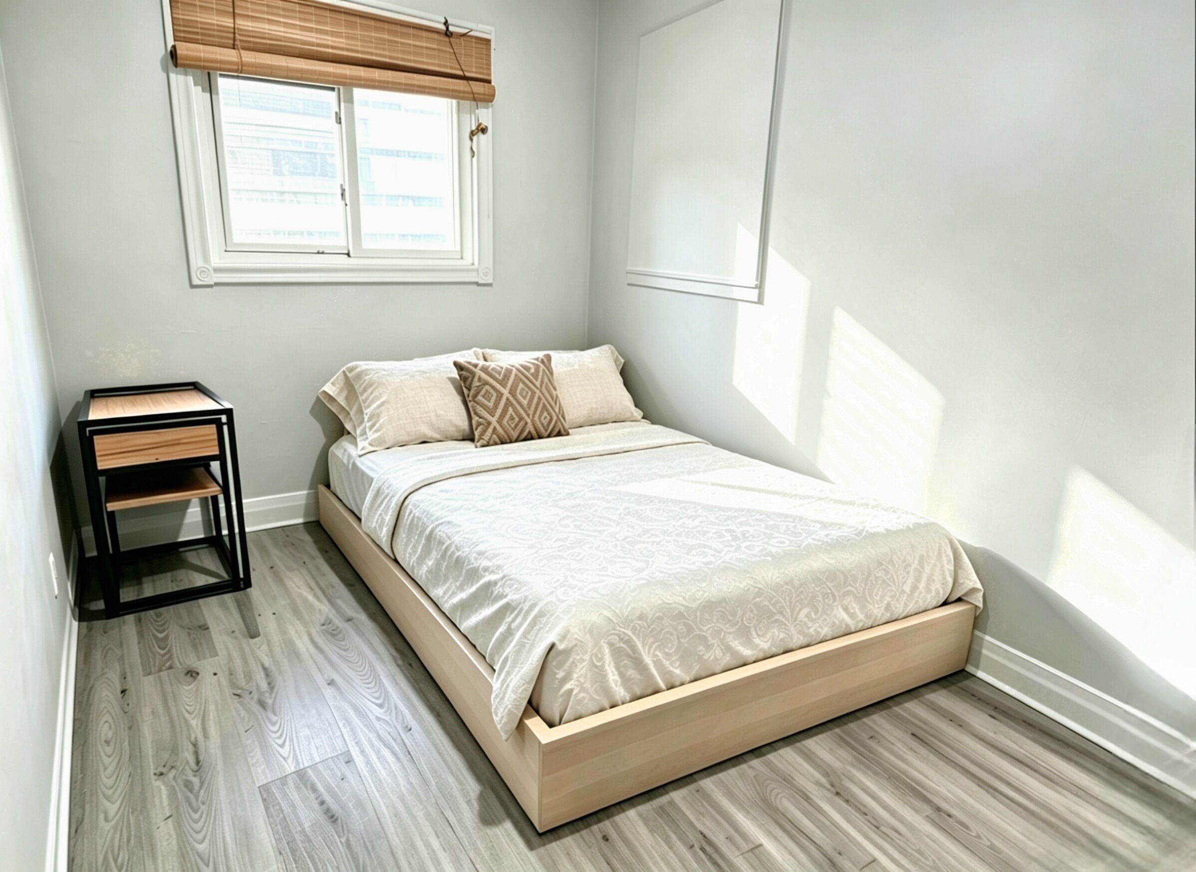Quarto com cama, mesa de cabeceira e janela com persianas.