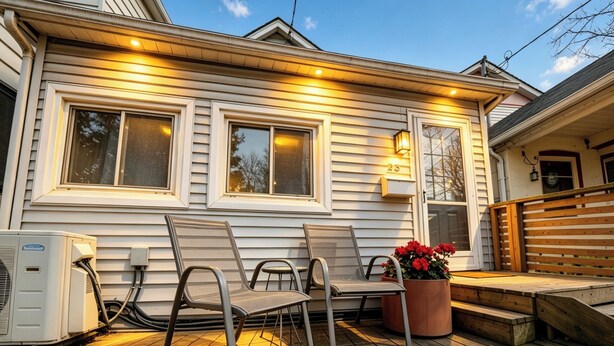 Et hus med terrasse, to stole, en potteplante og en aircondition.