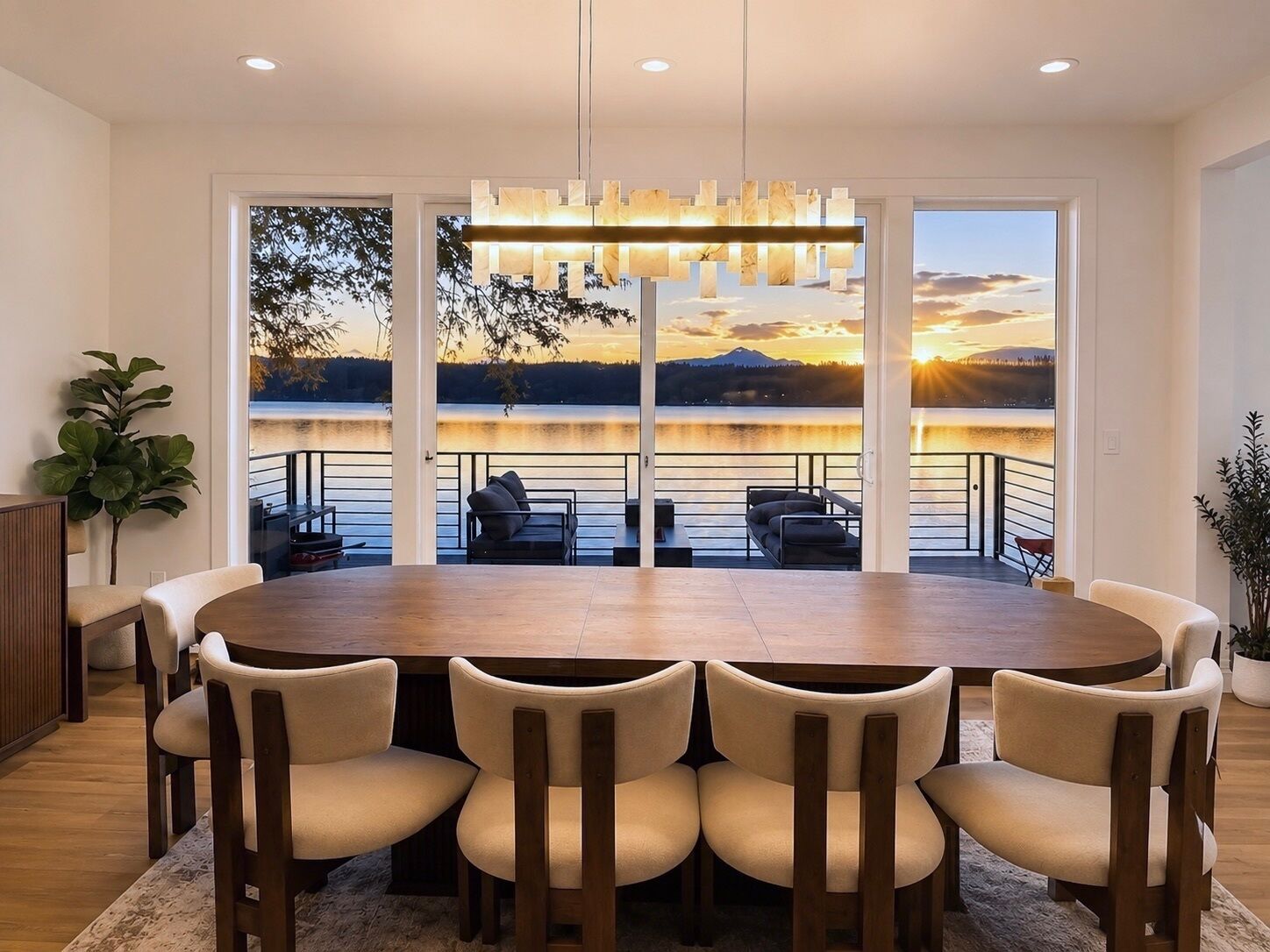 Un coin repas avec une grande table, six chaises et une vue sur un lac au coucher du soleil.