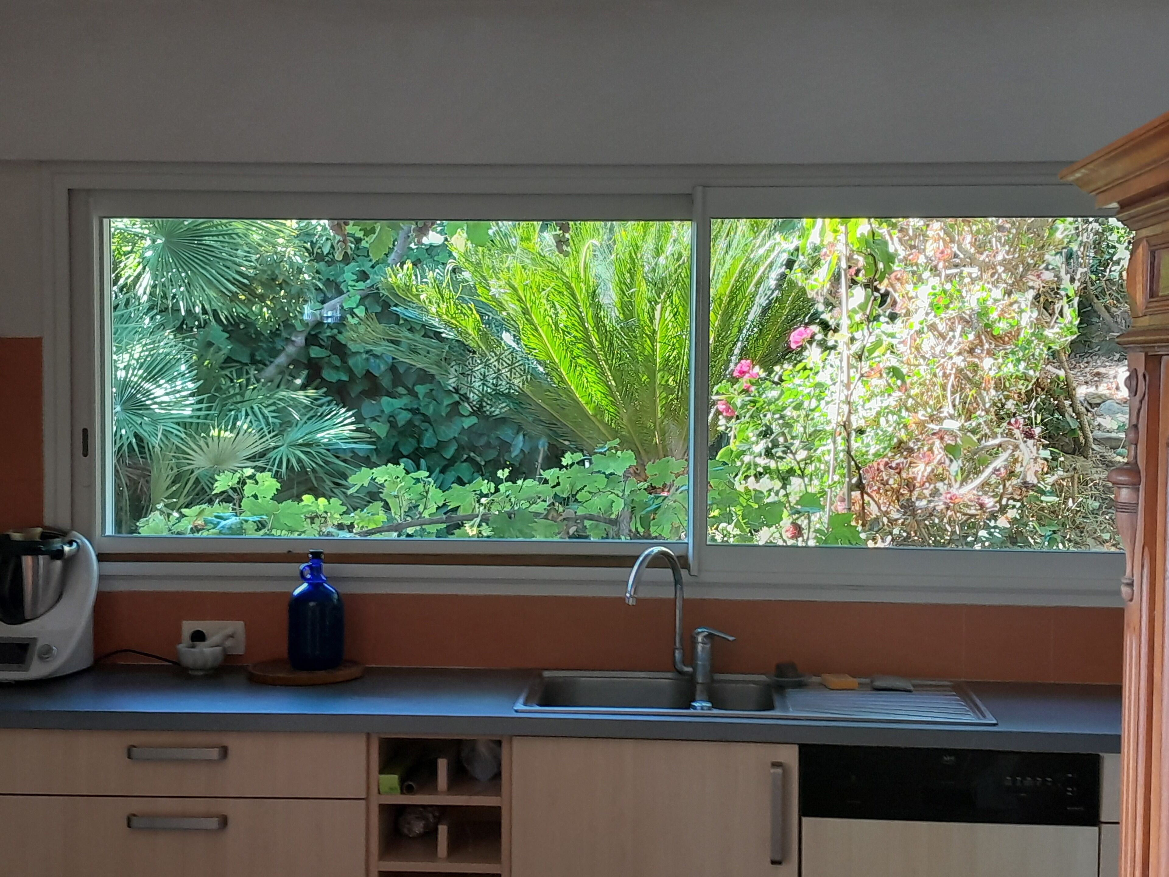A kitchen with a window, a sink, and cabinets.