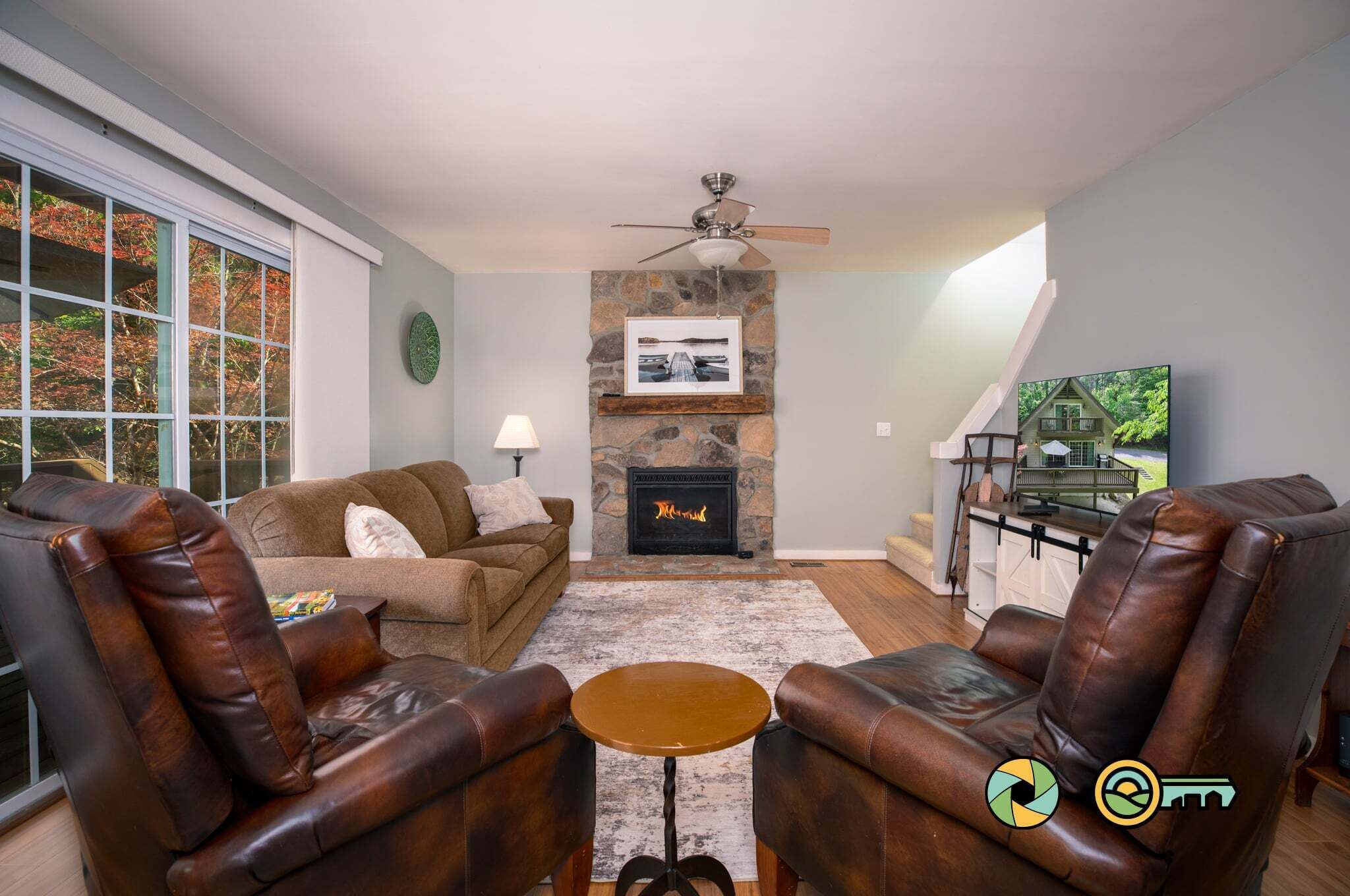Smart TV, fireplace, foosball