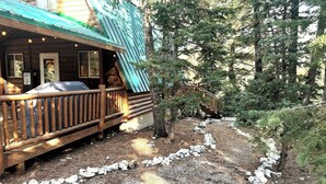 A wooden cabin with a porch, surrounded by trees and a gravel path.
