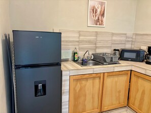 A kitchen with a black refrigerator, a microwave, a sink with a dish rack, and wooden cabinets. - Charming studio apartment, centrally located with a garden. (Cozumel)