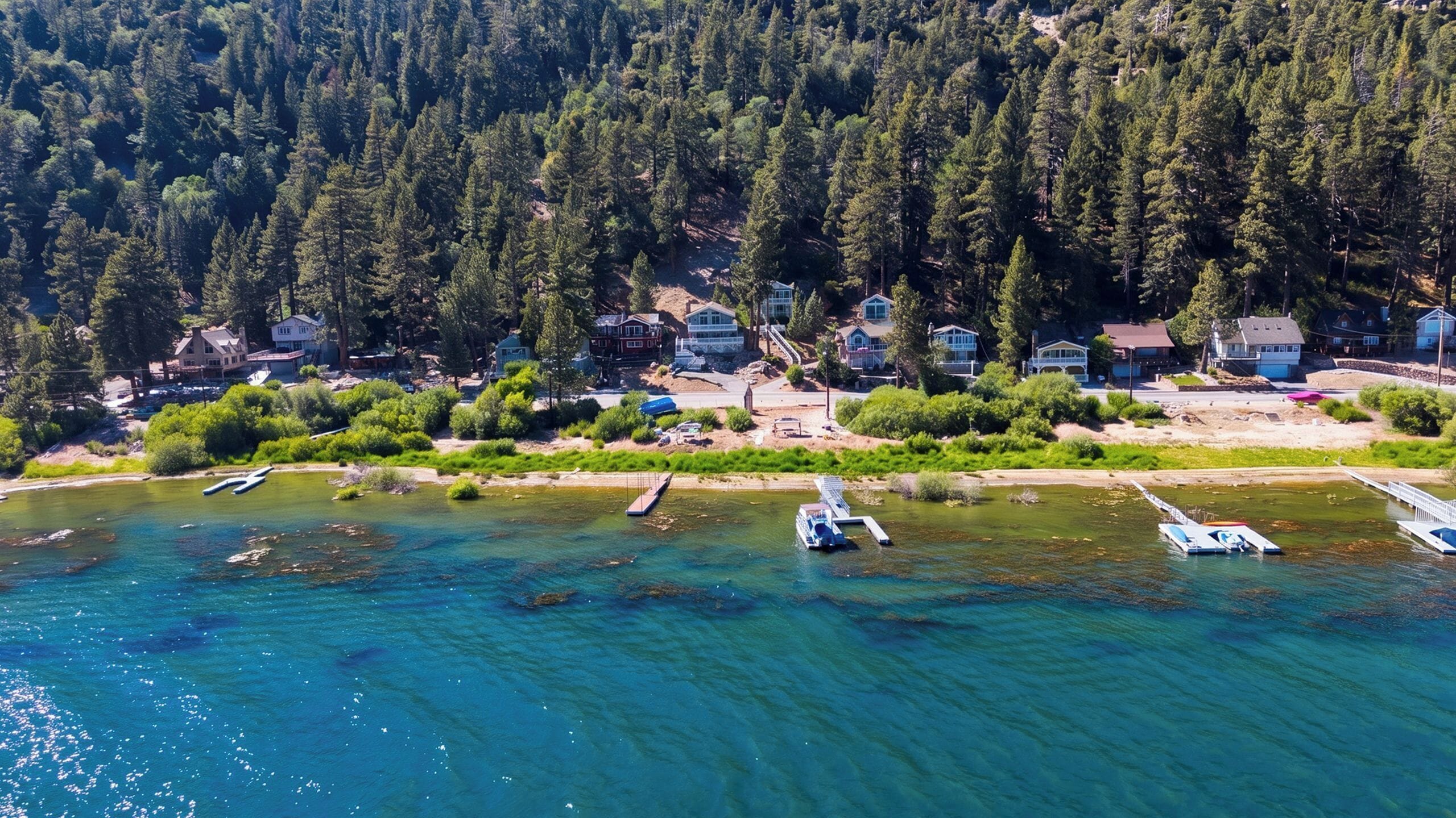 Vista aérea de una zona residencial junto al lago, con casas, barcos y un bosque denso.