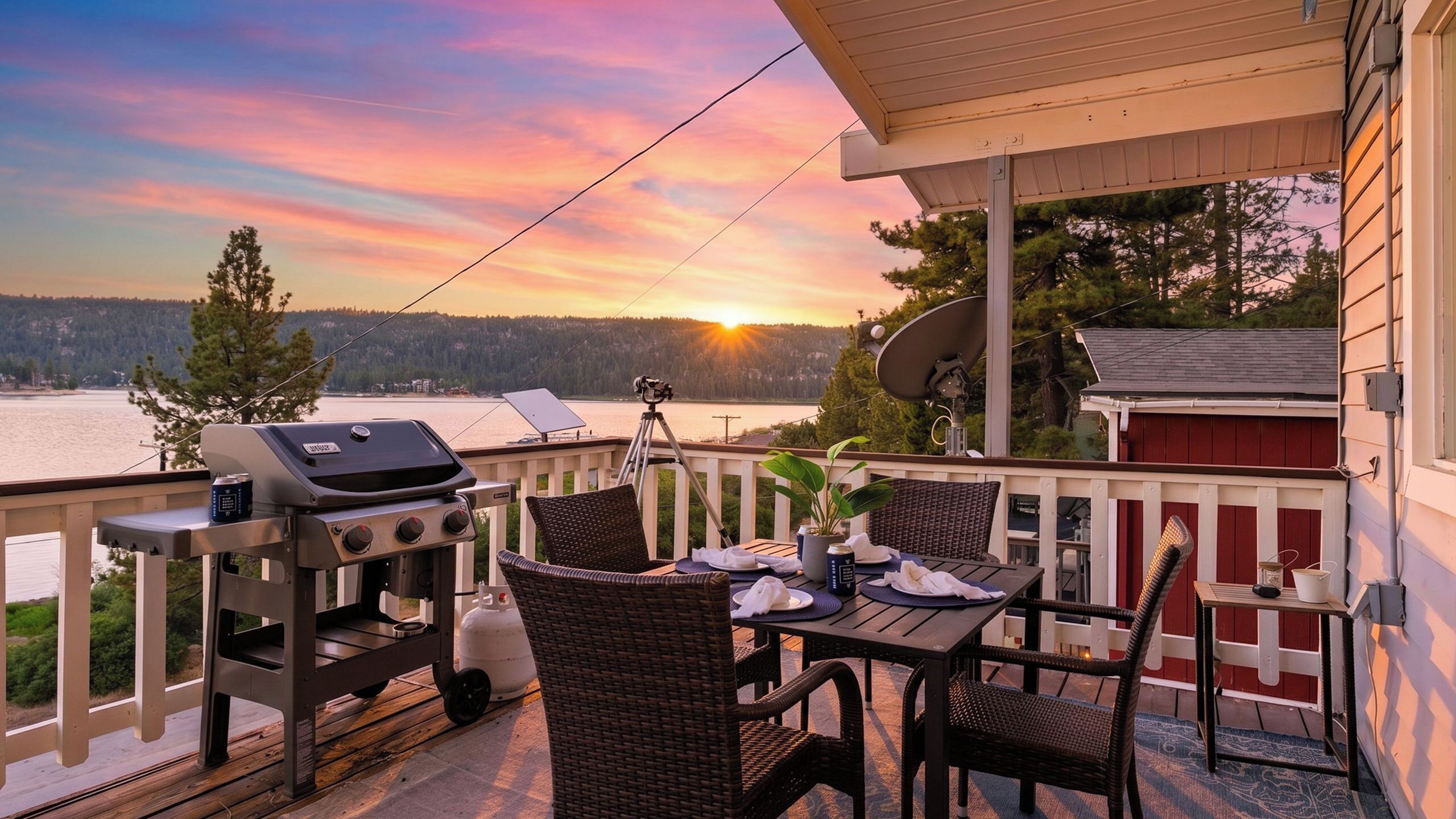 Eine Terrasse mit Grill, Esstisch, Stühlen und einem malerischen Seeblick bei Sonnenuntergang.