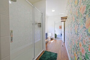 A hallway with a shower, toilet, and a green rug. - Blue Willows : Alpine Escape Home (Oakley)