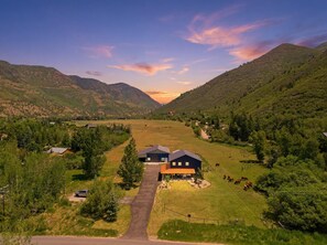 A rural landscape with a house, a driveway, and surrounding greenery. - Blue Willows : Alpine Escape Home (Oakley)