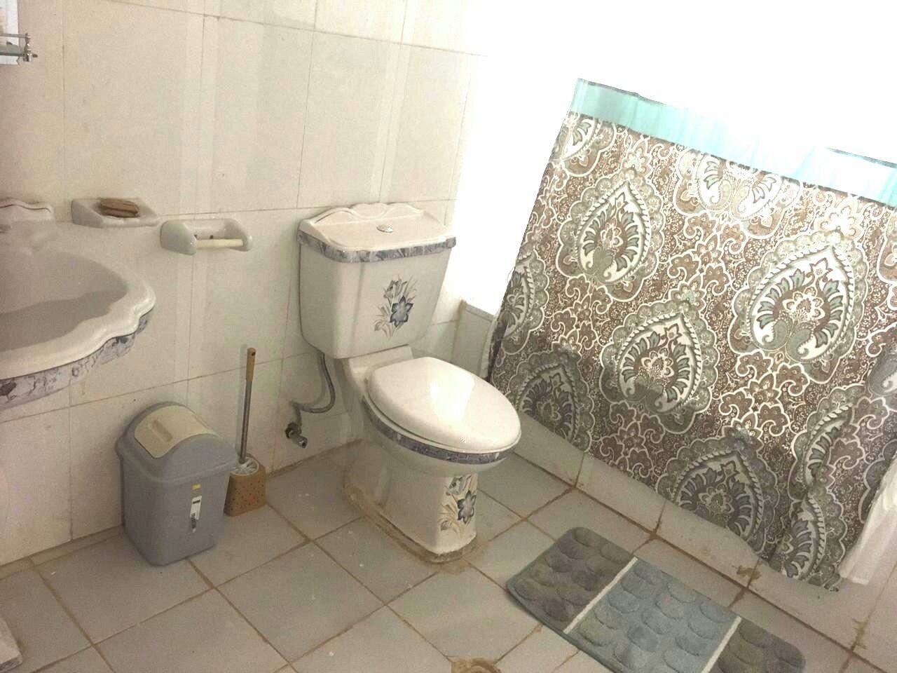 Baño con inodoro, lavamanos, cubo de basura y escoba.