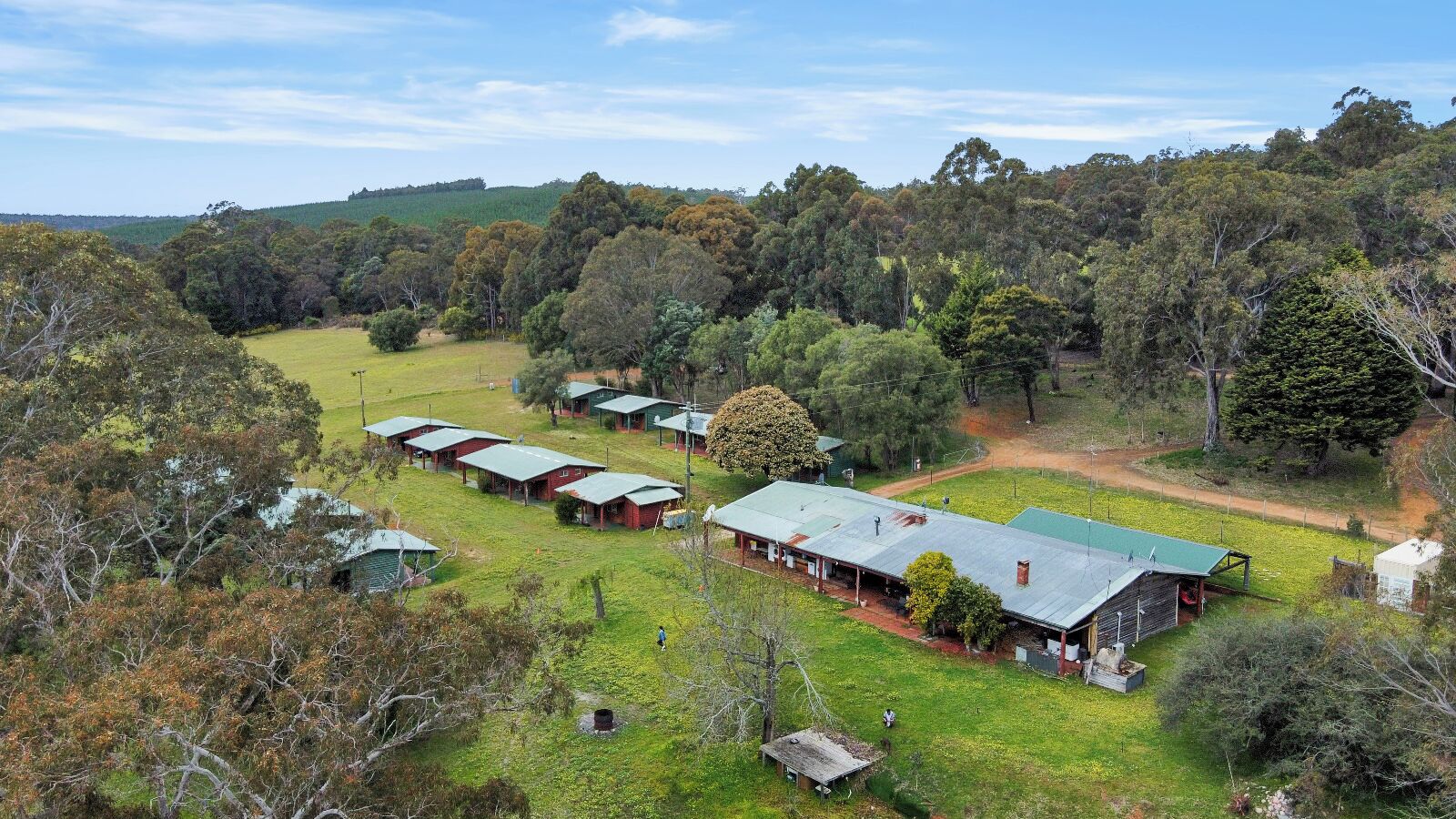 A rural property with multiple cabins, a central building with a green roof, and surrounding trees.