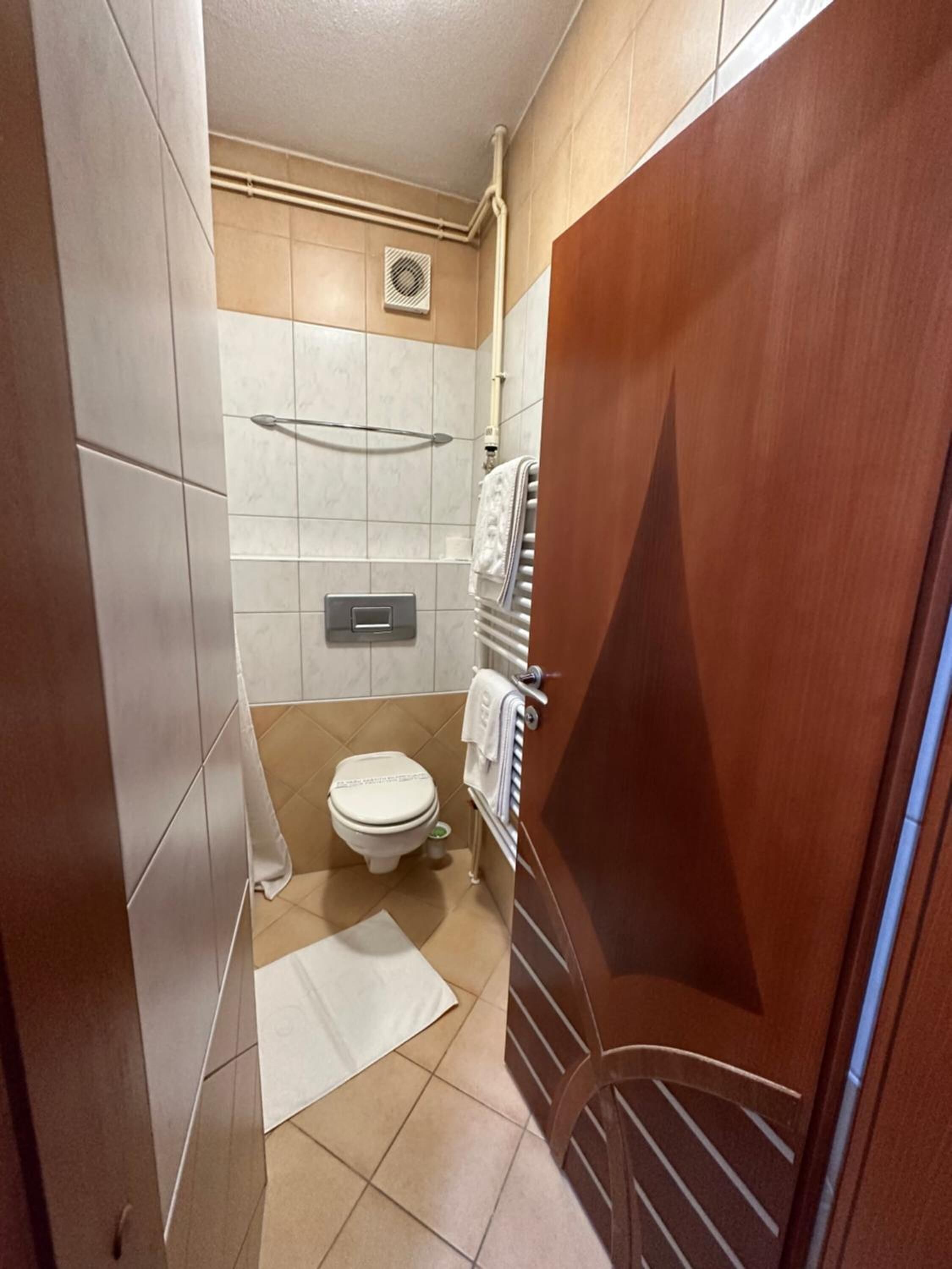 Een badkamer met toilet, handdoekhouder, douchegedeelte en een houten deur.