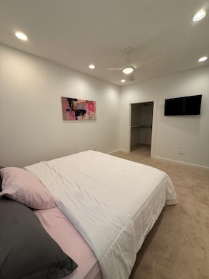 Un dormitorio con cama, un cuadro, televisor y armario.