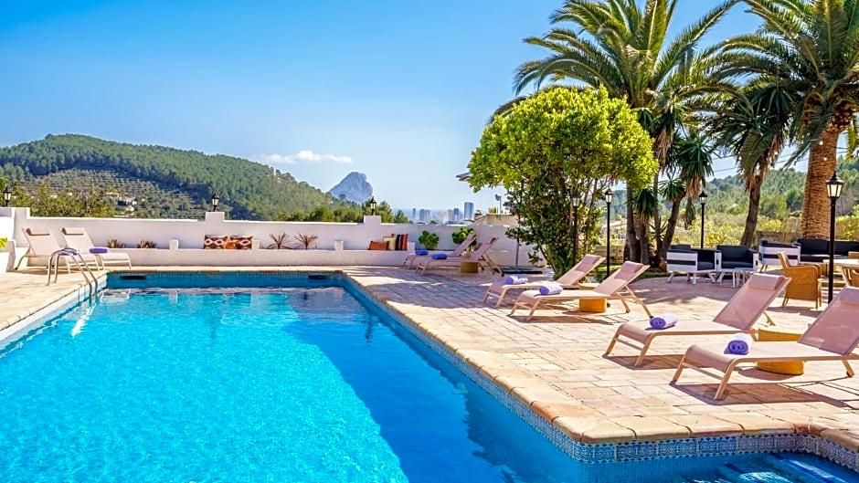 Una piscina con sillas de descanso y palmeras.