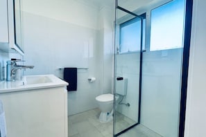 A modern bathroom with a glass shower enclosure, a white toilet, and a sink with a mirror.