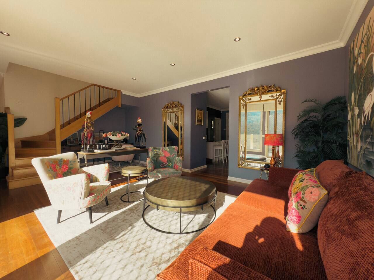 TV, fireplace, books, stereo