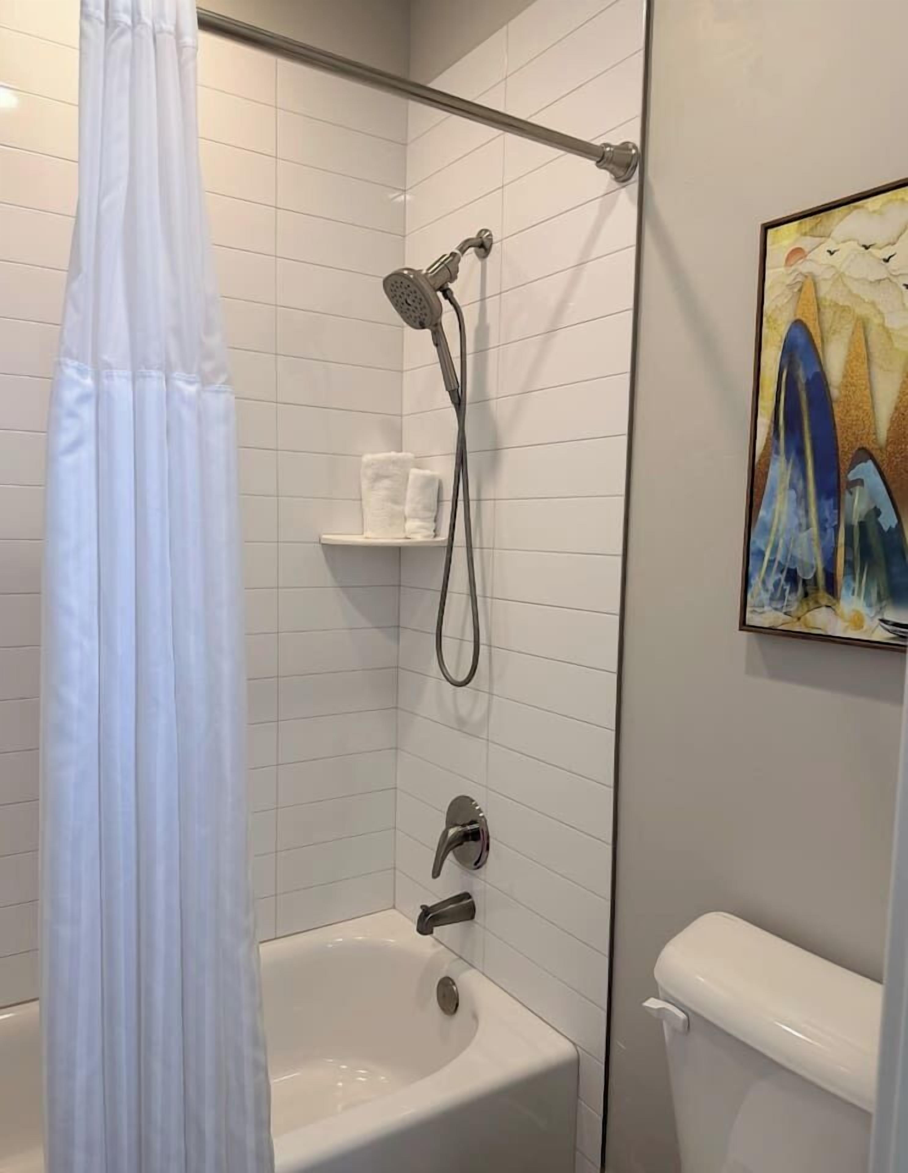 Chuveiro, secador de cabelo, toalhas de banho 