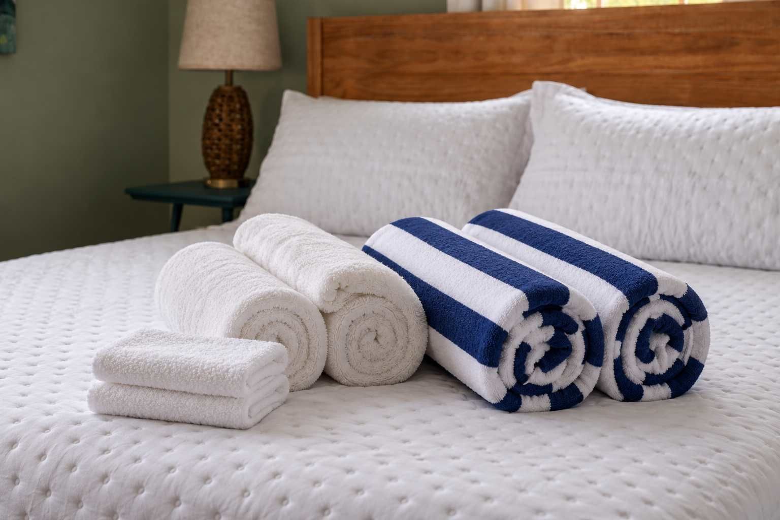 Una cama bien hecha con toallas azuladas y blancas, y una almohada blanca.