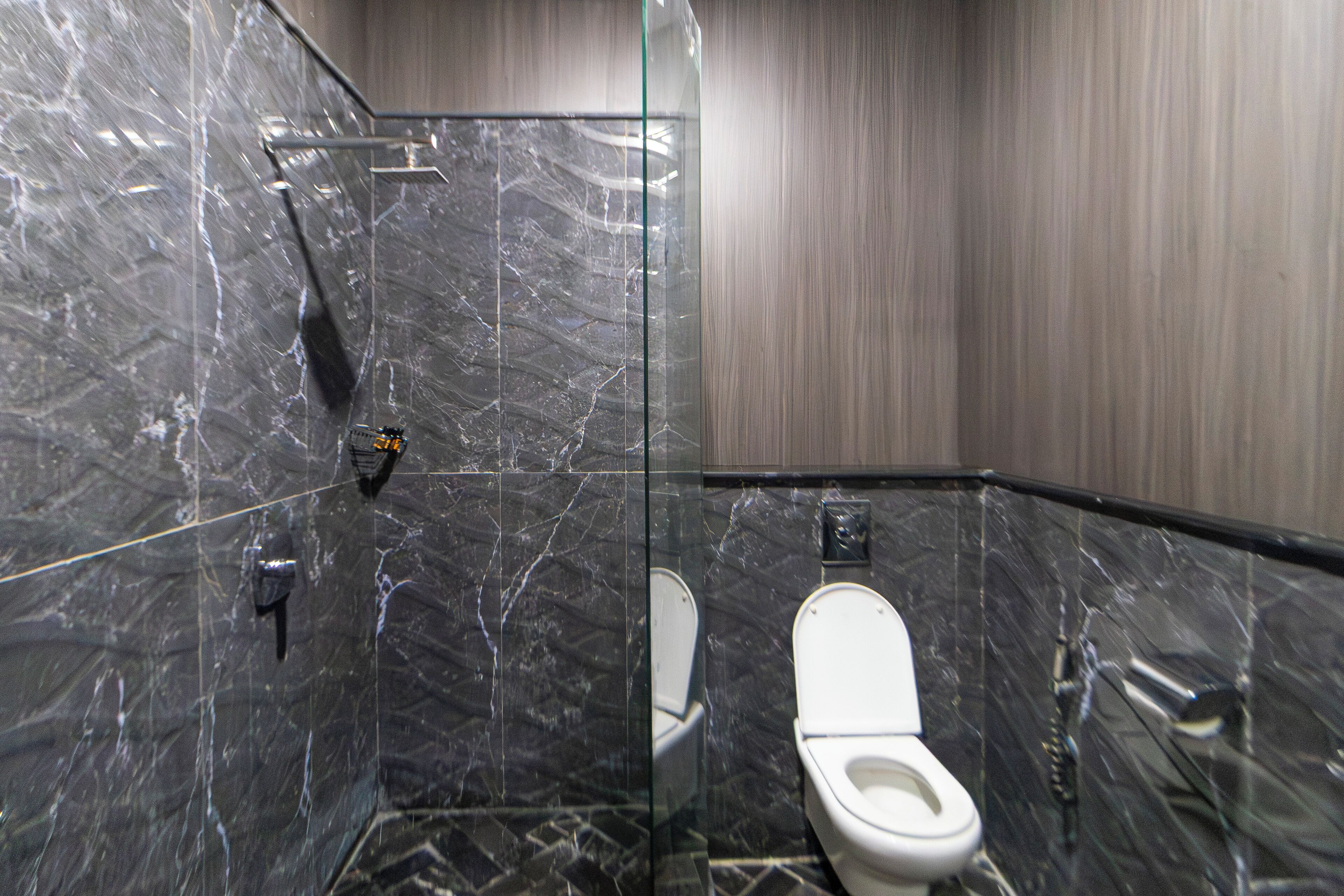 A modern bathroom with a glass-enclosed shower, a white toilet, and marble walls.