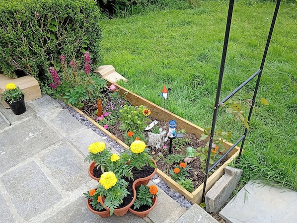 A garden with raised beds, potted plants, and a gnome statue.