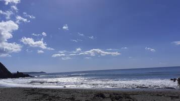 A beach with waves, a clear sky, and a distant mountain.