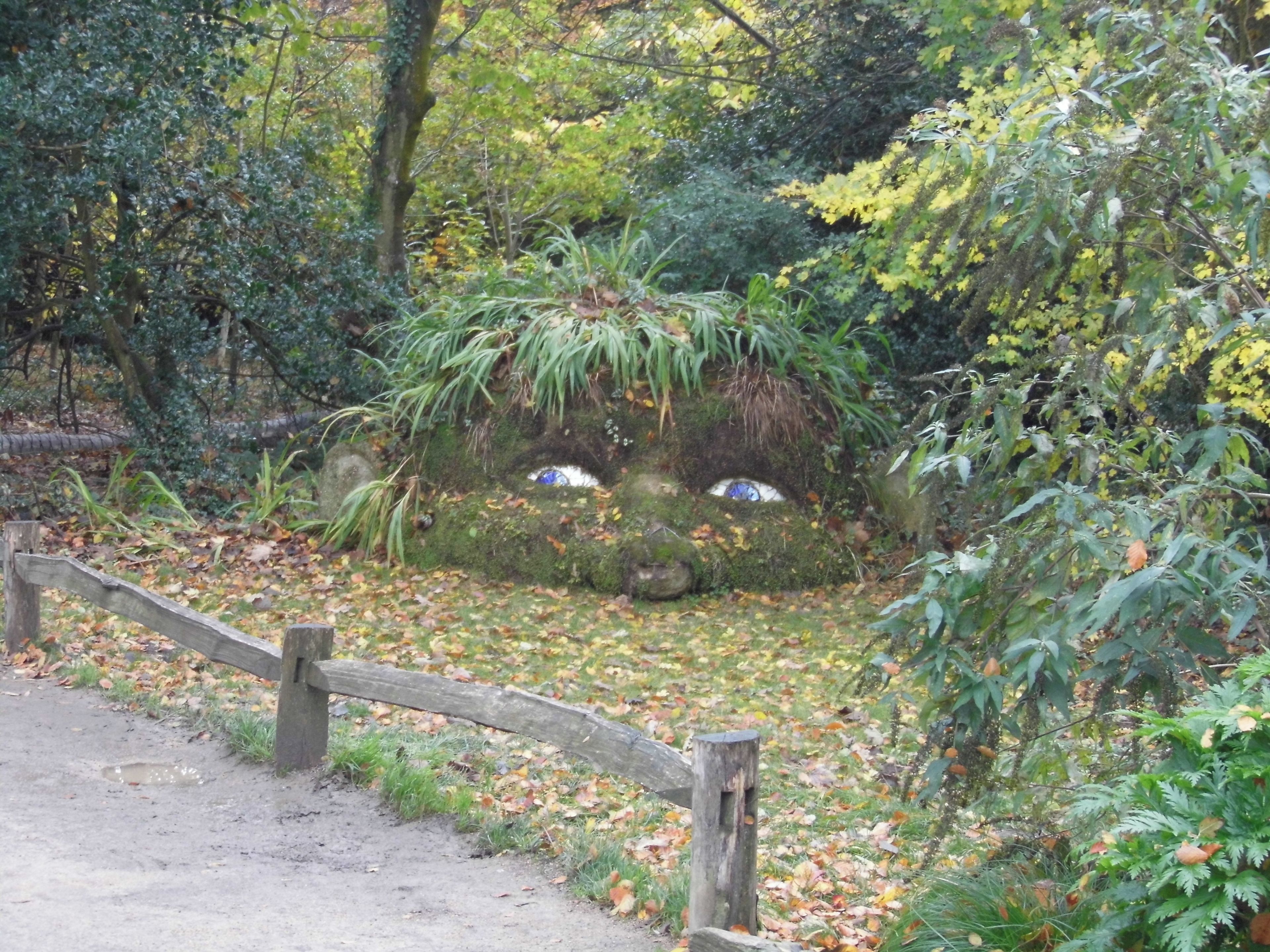 A garden with a wooden fence, a moss-covered rock formation, and various plants.