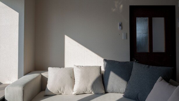 Ein Ecksofa mit Kissen, eine dunkel umrandete Tür und eine helle Wand.
