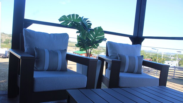 Two wooden chairs with cushions, a wooden table, and a large plant on a balcony with a view.