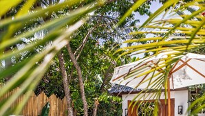 Un área de piscina con sillas de descanso, una hamaca y exuberante vegetación tropical.
