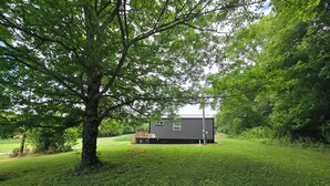 A small, dark-colored cabin with a deck, surrounded by lush green trees and grass. - Charming Tiny House in Country (Adairville)