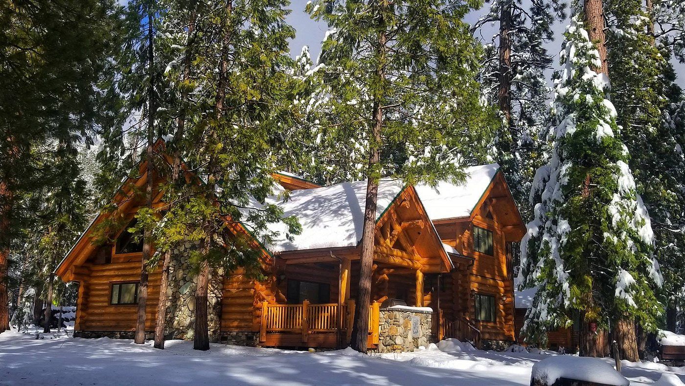 A log cabin with a stone foundation, surrounded by snow-covered trees.