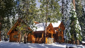 Una cabaña de troncos con base de piedra, rodeada de árboles cubiertos de nieve.