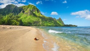 Una playa con agua cristalina, una orilla arenosa y una montaña al fondo.