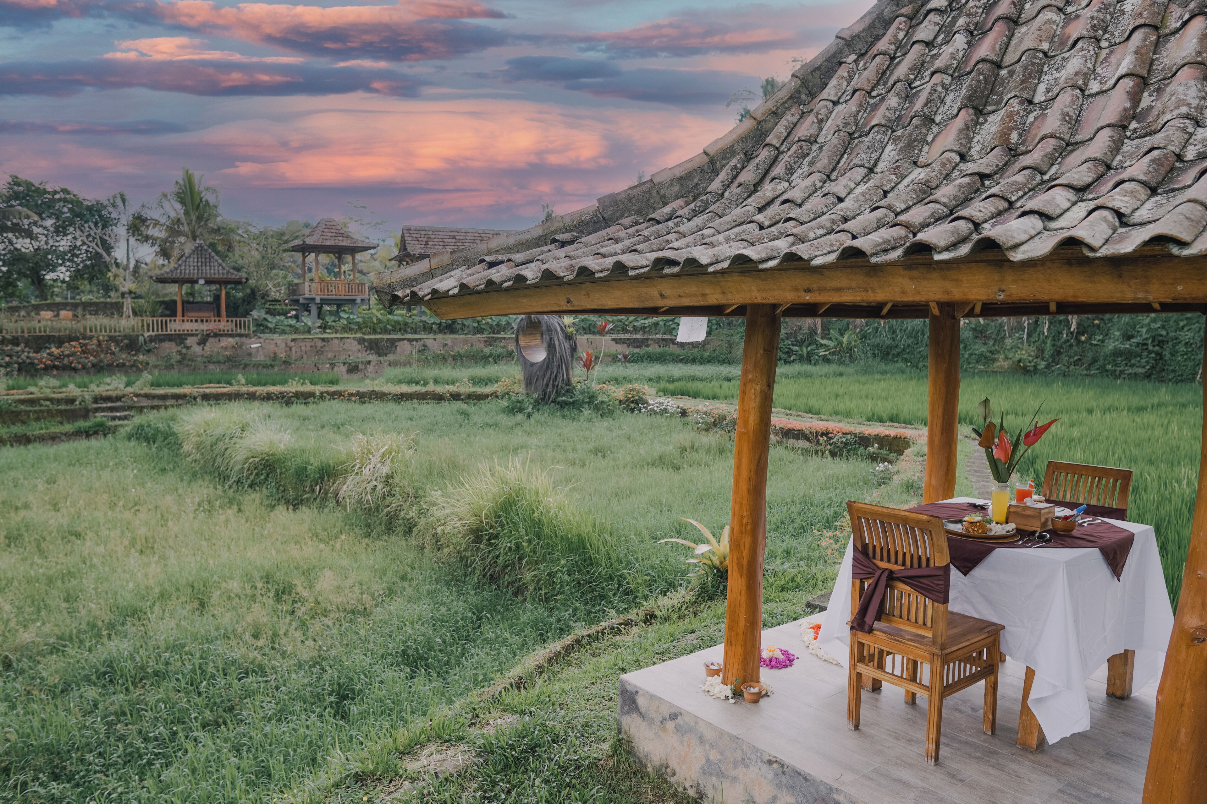 A traditional pavilion with a tiled roof, a table set for dining, and a view of a rice field.