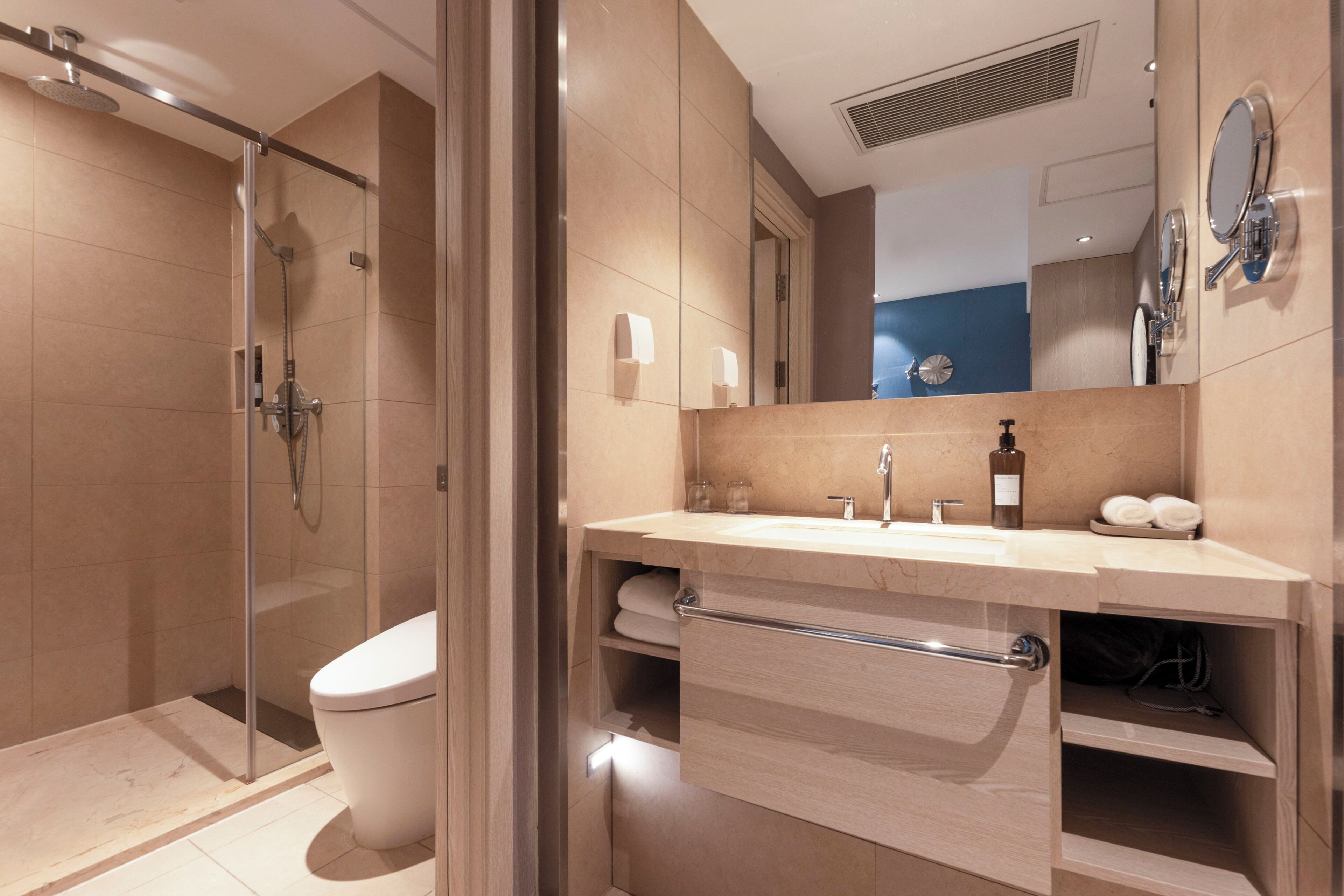 A modern bathroom with a glass-enclosed shower, a toilet, a sink with a towel rack, and a mirror.