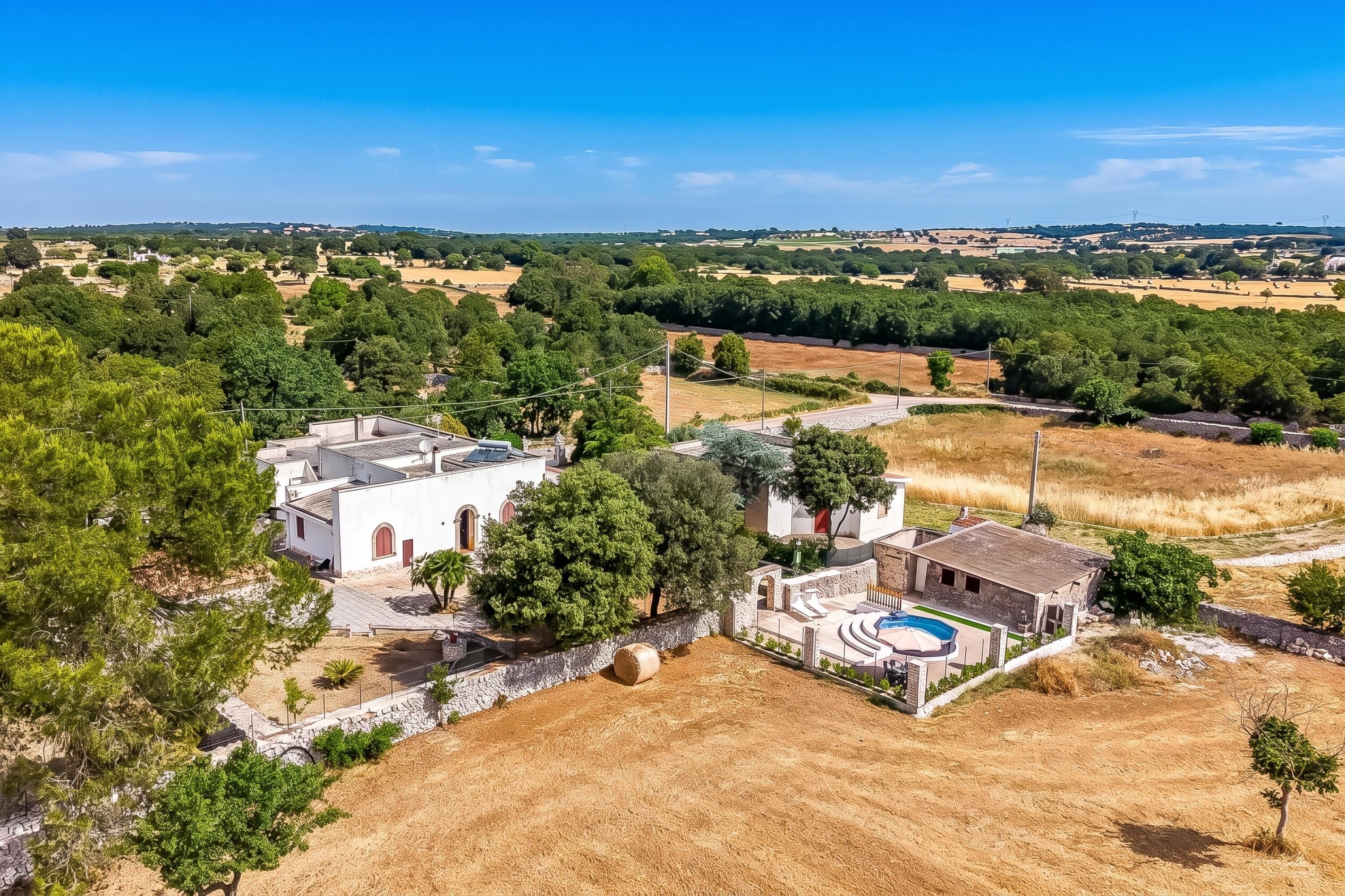 A residential property with a swimming pool, surrounded by trees and open fields.