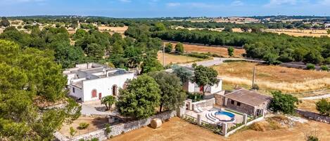 A residential property with a swimming pool, surrounded by trees and open fields.