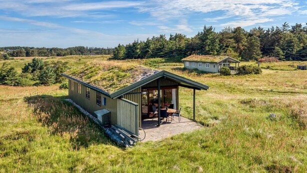 A small, single-story cabin with a green roof, a patio with outdoor furniture, and a view of a forested area. - "Satu" - 1.5km from the sea by Interhome (Løkken)