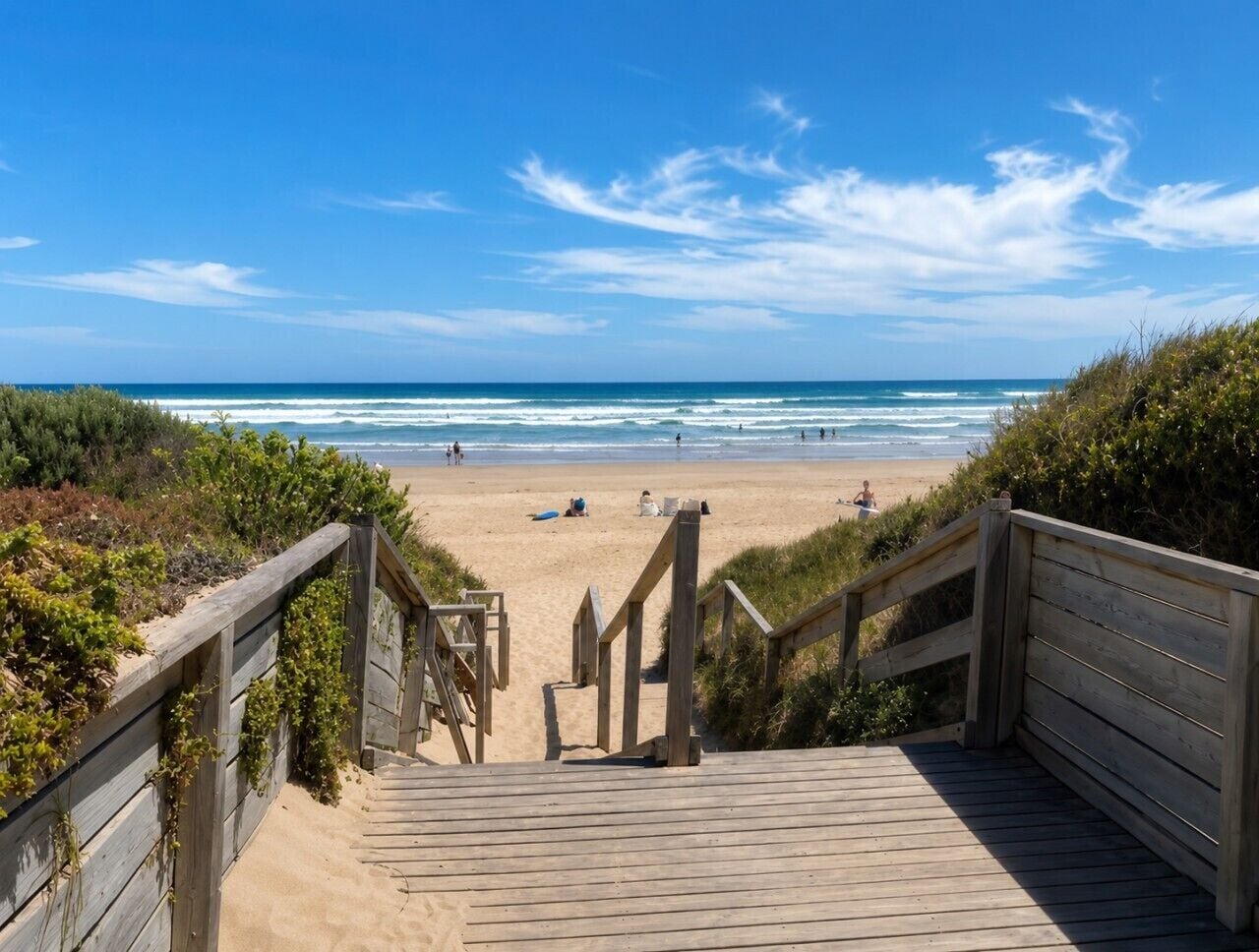 A wooden boardwalk leading to a beach with ocean views.