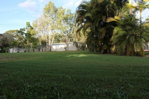 A grassy yard with trees and a building in the background. - Huntsville Caravan Park (Maryborough)