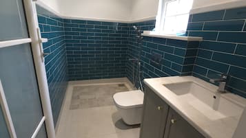Shower, bidet, towels, soap