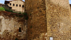 A historic stone tower with a weathered facade, a flat roof, and a small window.