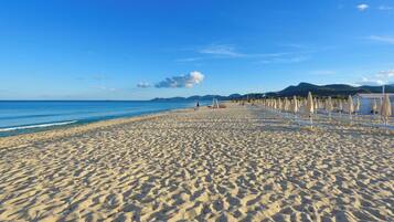 A wide sandy beach with rows of beach chairs and umbrellas, a calm sea, and distant mountains.