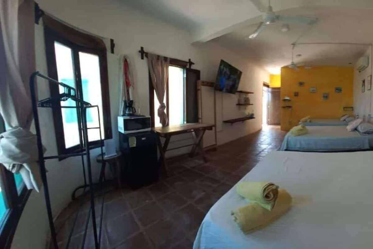 Une chambre d’hôtel avec deux lits, un bureau avec une chaise, une télévision et une fenêtre avec des rideaux.